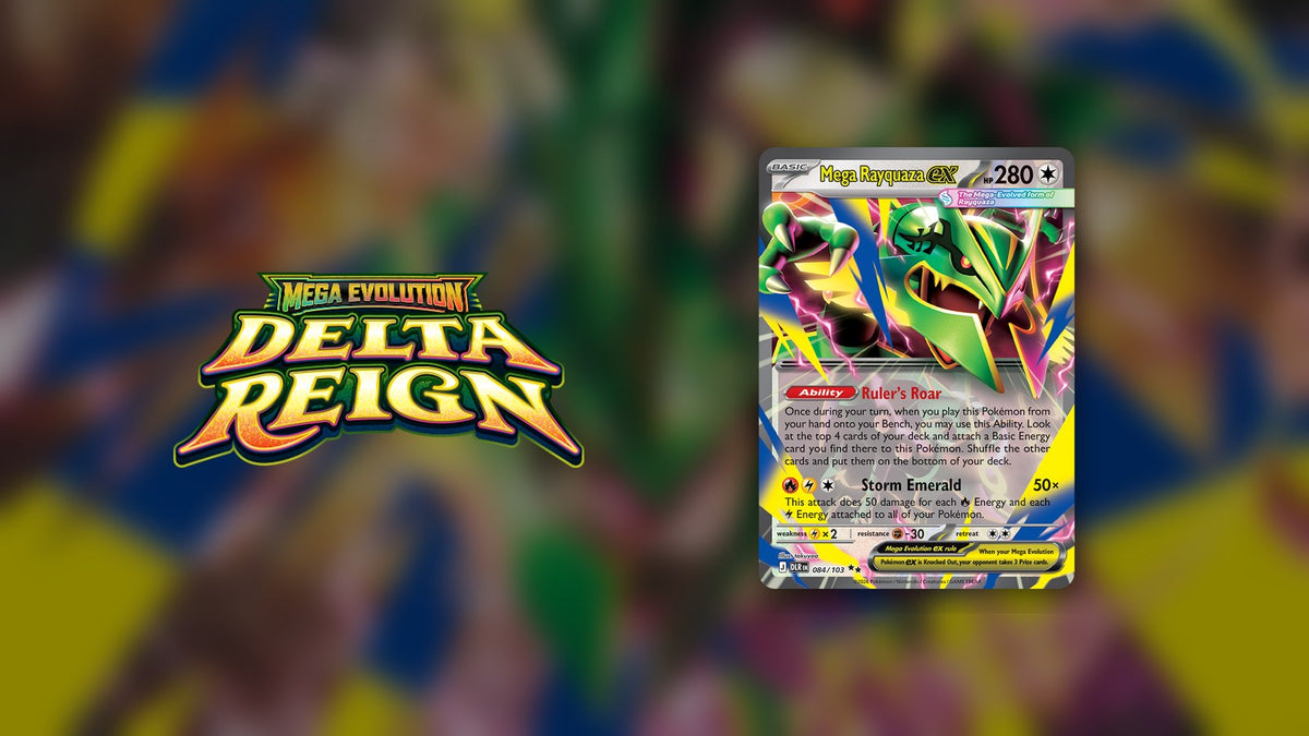 Mega Rayquaza ex card and the Mega Evolution Delta Reign logo