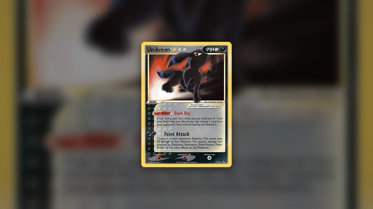 Umbreon ★ from POP Series 5, which sold for $738,100 at Goldin's Pokémon 30th Anniversary auction, over its own blurred colors. Image: The Pokémon Company.